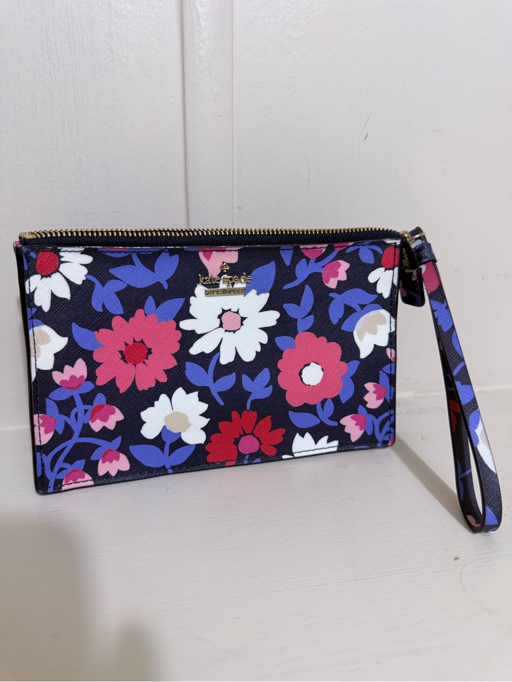 kate spade Navy Multi Floral Wristlet with Pink & White Flowers